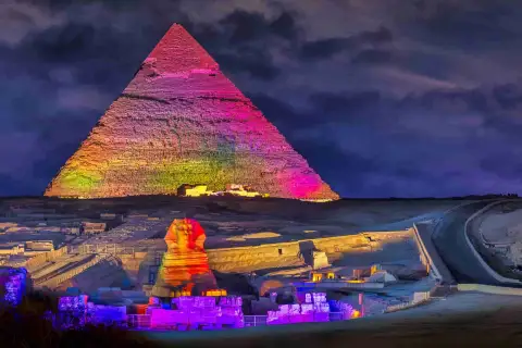 Sound and Light Show at Giza Pyramids With Dinner featuring illuminated Giza Pyramids