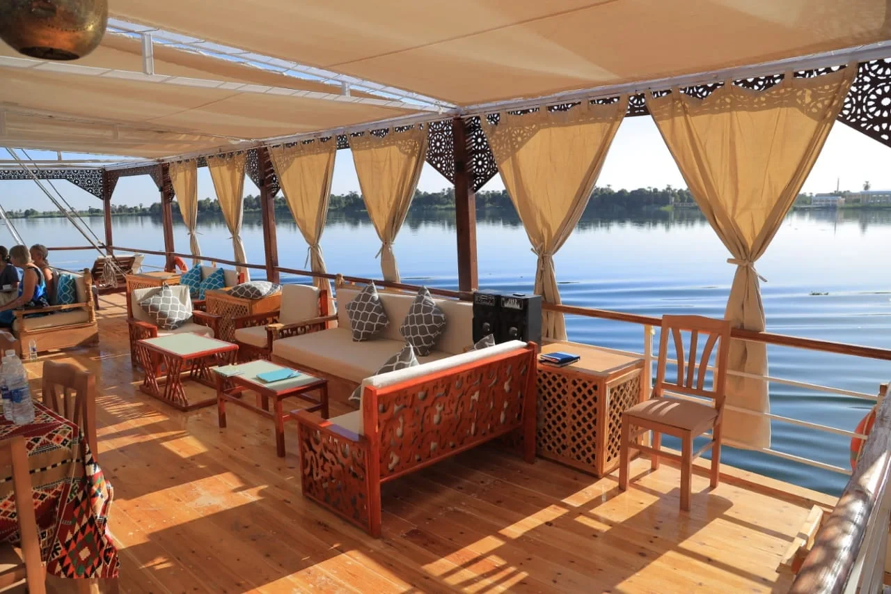 Sun deck onboard Queen Nefer Dahabiya Cruise overlooking the Nile