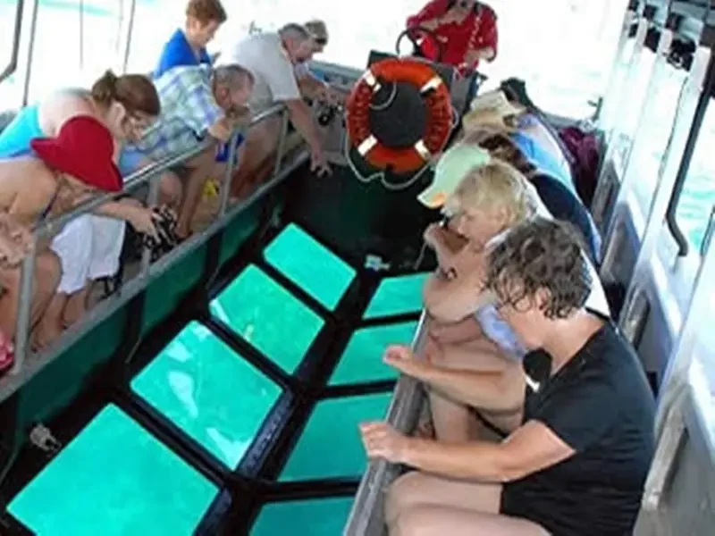 Glass bottom boat with colorful coral reefs in Sharm El Sheikh