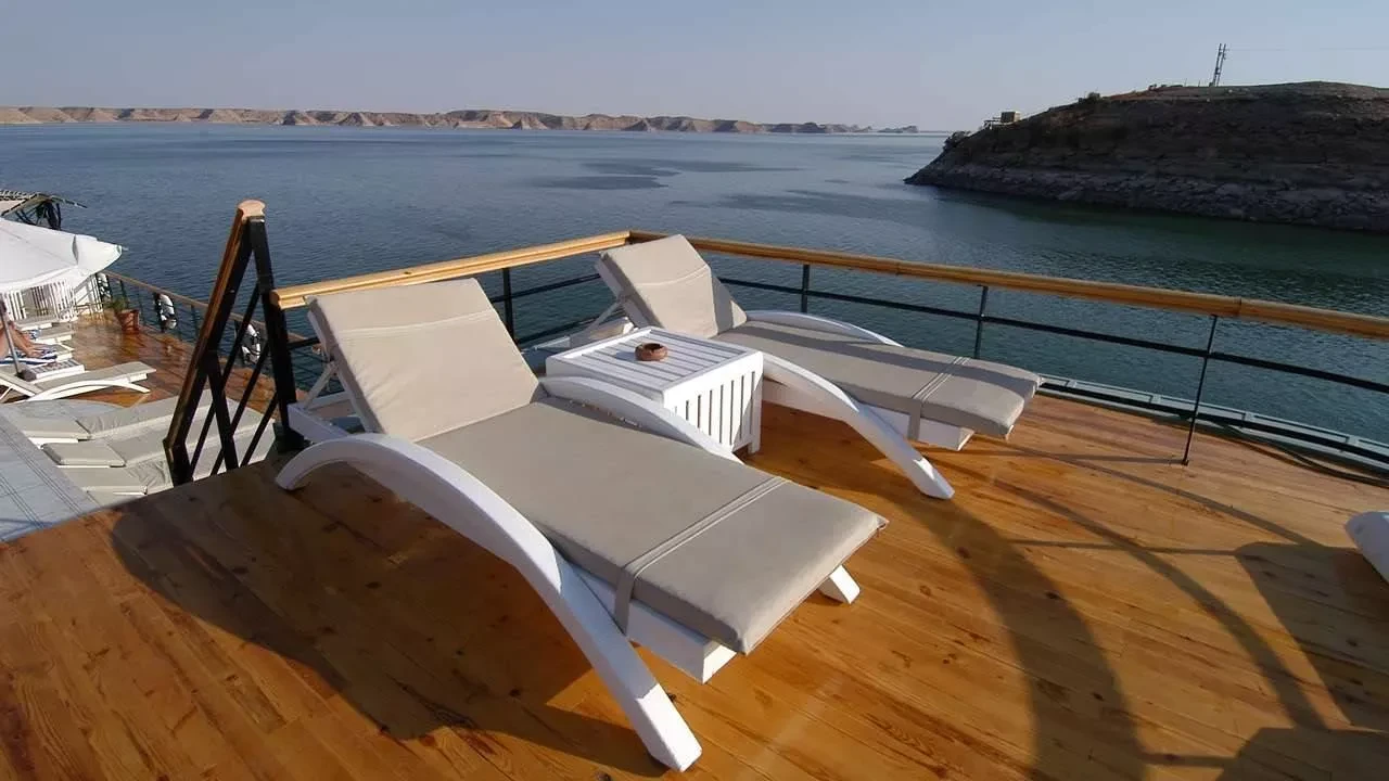Relaxing deck chairs overlooking Lake Nasser