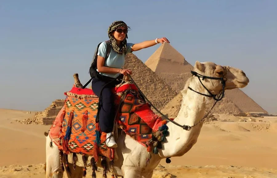 amel ride near the Giza Pyramids in Egypt with the Egyptian desert landscape