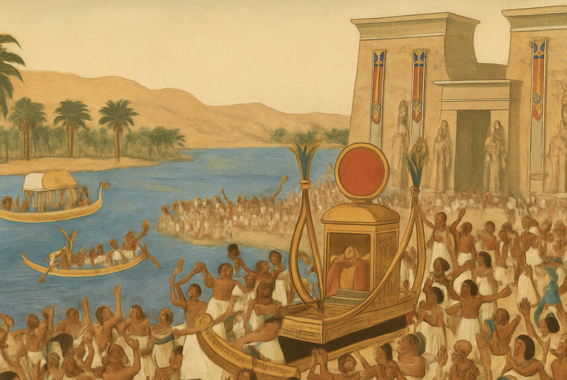 Crowds of Ancient Egyptians celebrating the grand Obet Festival along the Nile River
