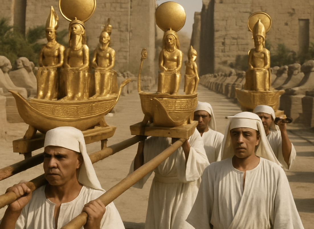 Ancient Egyptian farmers celebrating during the Akhet season inundation