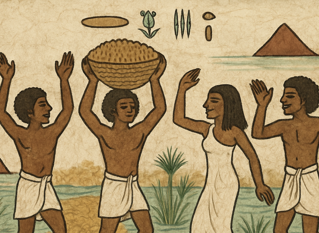 Priests carrying the gilded sacred solar barques of the Theban Triad along the Avenue of Sphinxes