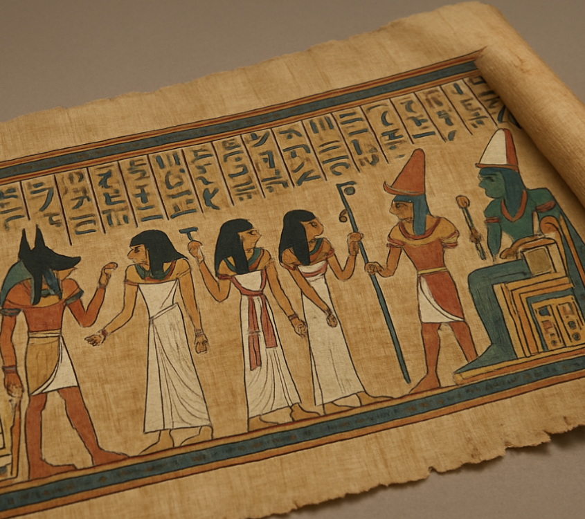 A wide shot of a beautifully preserved Egyptian papyrus scroll showing vibrant colors and hieroglyphs, partially unrolled to reveal the journey ahead.