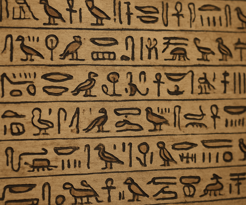 A close-up of hieroglyphic incantations on a scroll, showing the rhythmic pattern of the writing.