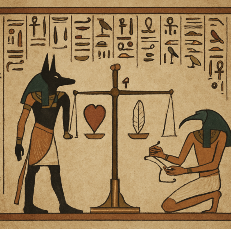 A clear illustration of the Weighing of the Heart ceremony: Anubis at the scales, the heart and feather balanced, and Thoth recording the result.