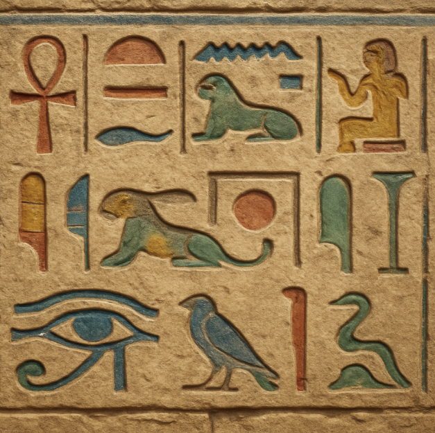A close-up view of colorful ancient Egyptian hieroglyphs carved into a stone temple wall