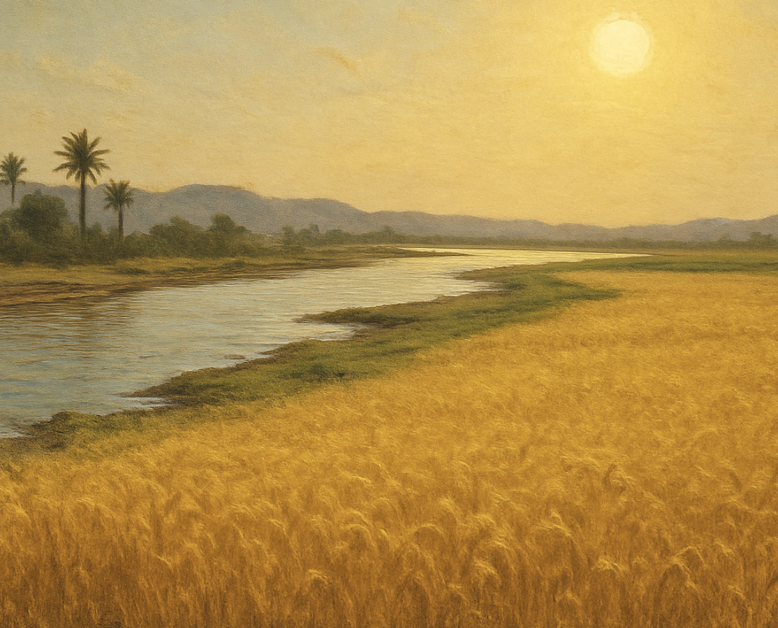 A wide-angle landscape showing the receding Nile river leaving behind golden fields of ripe grain under a bright sun.