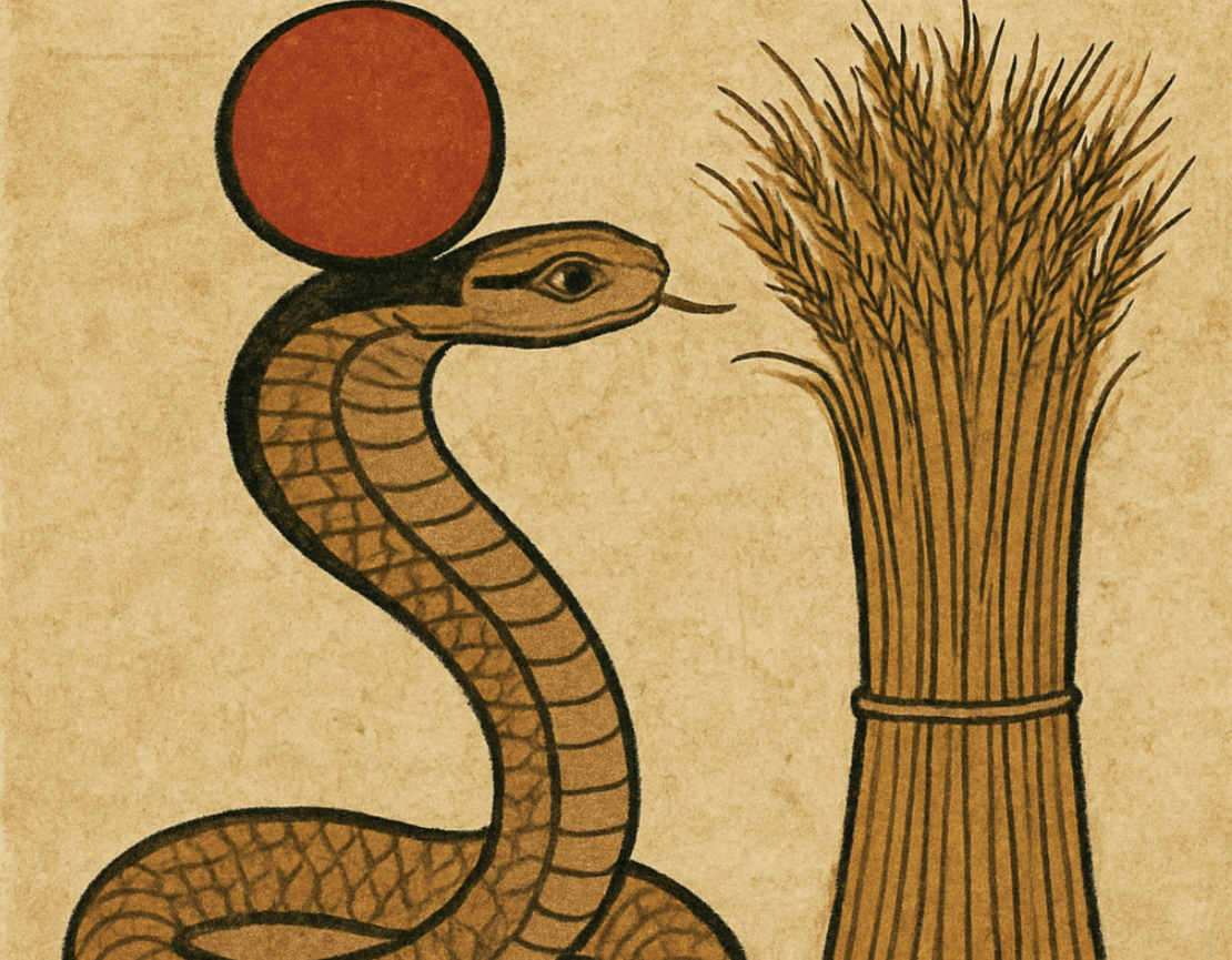 A depiction of the goddess Renenutet as a cobra wearing a solar disk, positioned next to a tall pile of harvested grain.