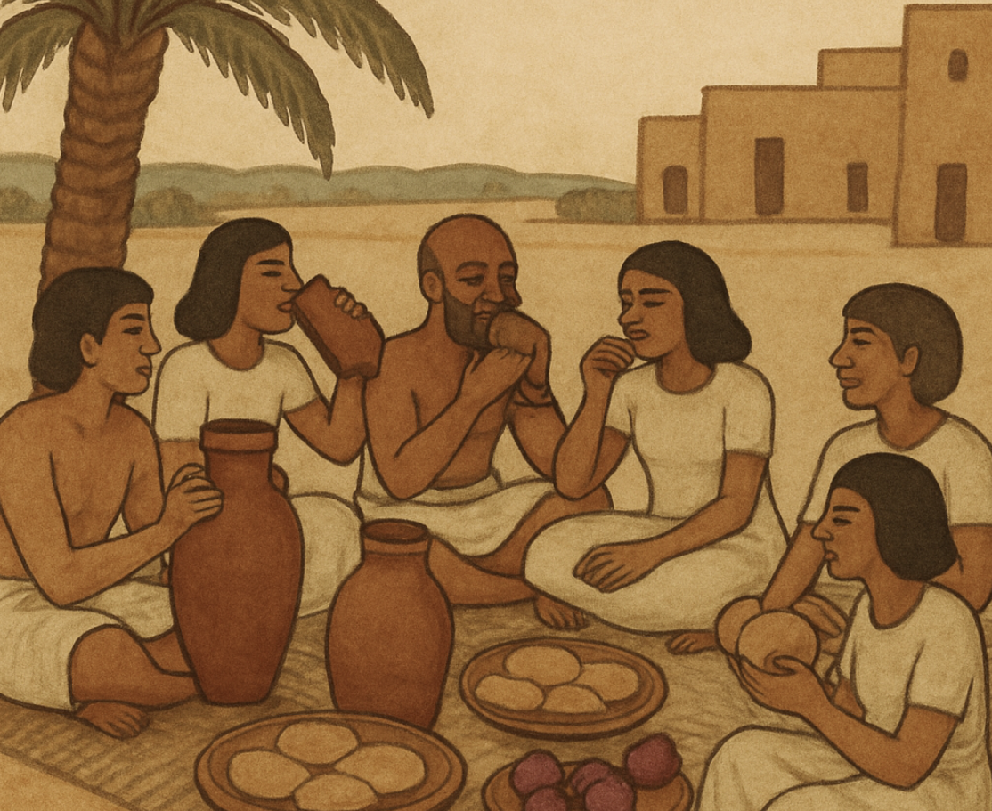 A communal scene of Egyptian villagers sitting on mats under a palm tree, sharing large jars of beer and platters of bread and onions.